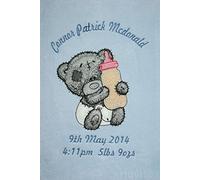 Scruffy Grey Baby Bottle Bear Applique Super Soft Fleece Blanket. (Blue)