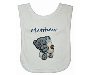 Scruffy Grey Bear Bottle Personalised Bib Individually Handmade by us in The UK with Embroidered Name. (White/Blue)