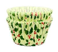 Scrumptious! - Cupcake Cases - Holly on Green - 36PC 65GSM 51mm x 38mm Printed Greaseproof Paper Baking Cases - Great for Winter, Festive & Christmas Party Muffins, Cakes and Bakes