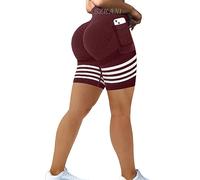 Scrunch Butt Lifting Seamless Shorts for Women High Waist Tummy Control Workout Biker Shorts Ruched Booty Lifting Leggings, (J)-pockets Dark Red, XL