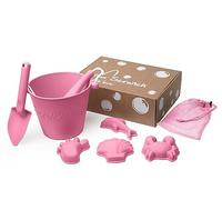 Scrunch Collapsible Bucket, Spade and Moulds - Silicone Beach Toys, Holiday Essentials for Kids - Includes Folding Bucket, Spade and Sand Moulds, Great for Sand Pit, Garden, Water Play - Flamingo Pink