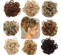 Scrunchie Bun Updo Hairpiece Extensions - Wavy Curly Messy Hair in Dark Blonde Ash Blonde Mix