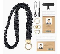 Scrunchie Lanyard for ID Badges, Retractable Teacher Lanyards Stretchy Lanyards for Keys Neck Lanyard with Keychain Holder for Women Ladies, Black