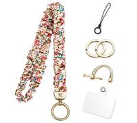 Scrunchie Lanyards for Neck, Phone Strap for ID Badges&Keys, Cute Stretchy Teacher Lanyard with Tether Tab for Women. (White-Pink Flower)