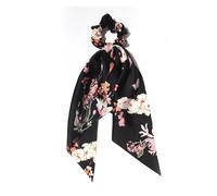 Scrunchies 2pcs Stain Fabric Printed Long Hair Ribbon Scrunchies Elegant Women Ponytail Rope Elastic(Black)