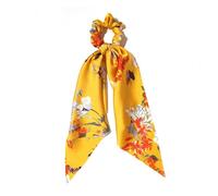 Scrunchies 2pcs Stain Fabric Printed Long Hair Ribbon Scrunchies Elegant Women Ponytail Rope Elastic(Yellow)