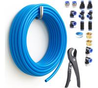 Sctihwelire PU Air Tubing Kit 16mm OD x 12mm ID - 32.8ft Blue Flexible Hose with Push to Connect Fittings, Tube Cutter - Pneumatic Air Line Kit for Compressor, Air Tools, Laser Assist