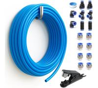 Sctihwelire PU Air Tubing Kit 8mm or 5/16in OD x 5mm ID - 32.8ft Blue Flexible Hose with Push to Connect Fittings, Tube Cutter - Pneumatic Air Line Kit for Compressor, Air Tools, Laser Assist