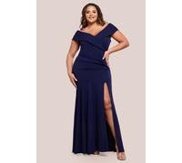 Scuba Crepe Off Shoulder Front Split Maxi Dress Goddiva Navy 22