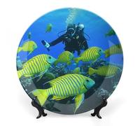 Scuba Diver Bone China Decorative Plate with Display Stand Ceramic Dinner Plates Wall Decor for Home Kitchen 6inch