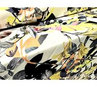 Scuba Stretch Spandex Double Jersey Dress Fabric, per metre - Lily Flower Print - Lemon White & Grey