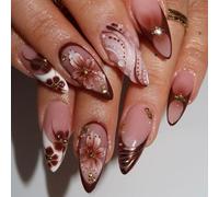 Sculpted Flower False Nails ABS Seamlessly Adhesion Long Wear Resistant for Career Women Special Event Manicure Gold Foil Wedding Nails