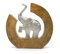Sculpture "Circle of Life" elephant decoration - modern figure handmade from aluminium in mango wood as home decor - silver metal elephant 10in / 24cm tall in tree slice as a statue