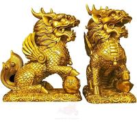 Sculpture Ornament Set of Two Golden Brass Chi Lin/Kylin Wealth Prosperity StatueLucky Charm Ancient Coins on Red String