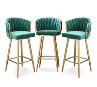 Scumlovy Modern 360° Swivel Barstools, Bar Height Stools Set of 1/2/3/4, 25.6/29.5 Inch Seat Upholstered Kitchen Chairs with Steel Legs and Footrest,Green Gold Leg,3 PCS