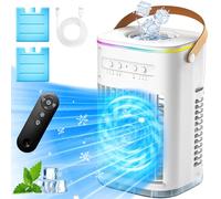 Scumlovy TEMEIKE 4-IN-1 Personal Air Conditioner w/Remote, 2 Ice Packs, 1200ML Tank, 7H Timer for Smart Auto-Off,2 Cool Mist,3-Speed Small Portable Conditioner, 7-LED Light Evaporative Cooler Room