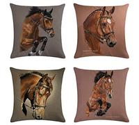 SCVBLJS Brown Horse Head Linen Cushion Covers Set Of 4 Pillow Covers Sofa Couch Living Room Bed Decor Pillow Covers 45 X 45 Cm