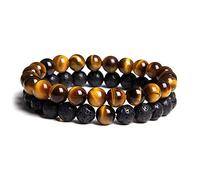 SCWZZWSY 2Pcs Natural 8Mm Stone Tiger Eye Ginger Yellow Beaded Black Lava Volcanic Stone Stretch Beaded Charm Bracelet For Women Men Couple Gift Friend Gift