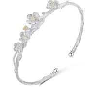 SCWZZWSY Cuff Bangle Chain,AdjustableSterling Silver Bangle Bracelet, Women 925 Silver Bracelet Adjustable Cuff Bangle Hand Carve Flower Bracelets