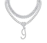 SCWZZWSY Cursive Initial Pendant Necklace for Women Miami Cuban Link Chain Layered Heart Shape Diamond Iced Out Chain Pendant Necklace Hip Hop Jewelry Gift 2PCS Chains