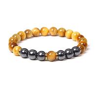 SCWZZWSY Handmade Natural Black Obsidian Hematite Beads Bracelets 8Mm Warm Yellow Tiger Eye Stone Bracelet Stretch Fashion Beaded Bracelet Women Men Fashion Couple Friend Gift