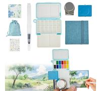 SCZND Mini Watercolour Paint Set Travel, Mini Watercolour Kit with 12 Grids Foldable Palette, Pocket-sized Sketchbook, Water Brush and Brush Washing Pot, Painting Set Gifts for Painters and Artists