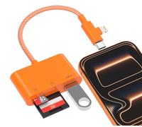SD Card Reader for iPhone, iPad and Android, with Lightning & USB-C Dual Connector, 3-in-1 Memory Card Adapter with USB-OTG Port, Simultaneous SD/TF Reading, Trail Camera Viewer, Plug & Play, Orange