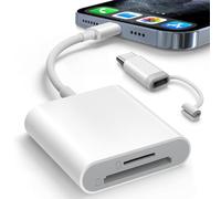 SD Card Reader for iPhone iPad Built-in Dual Lightening & USB-C Connector Card Adapter with SD MicroSD 2 Slots Trail Camera Memory Card Viewer, Portable No App Required Plug and Play - White