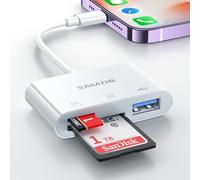 SD Card Reader for iPhone iPad, Built-in Lightning Connector Card Adapter with SD MicroSD USB-A 3 Slots Trail Camera Memory Card Viewer, Portable No App Required, Plug and Play