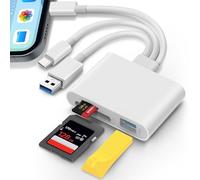 SD Card Reader for iPhone iPad Laptop 3-in-1 Connectors Memory Card Adapter with Dual Slots & USB Port Trail Game Camera Viewer for iPhone Mac MacBook Android Laptop White