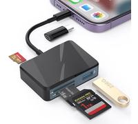 SD Card Reader for iPhone, Memory Card Reader with USB-C to Lightning Adapter Plug and Play Trail Game Camera Micro SD Card Viewer Support SD/TF/MS Card and USB Port for iPad Mac No App(Black)