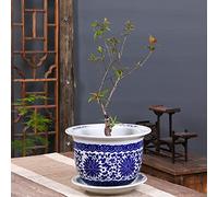 SdaryWare Blue and White Porcelain Flower Pot with Saucer, Intricate Floral Pattern, Built - in Drainage Hole for Indoor and Outdoor Planting, Home, Office and Garden Decoration,29CM*23CM