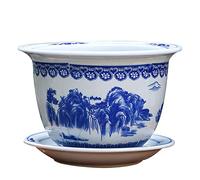 SdaryWare Blue and White Porcelain Flower Pot with Saucer, Traditional Chinese Landscape Pattern, Drainage Hole for Home and Garden Planting,21CM*16CM