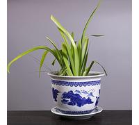 SdaryWare Blue & White Porcelain Planter Pot Hand-Painted Landscape Ceramic Flower Pot with Drainage Hole & Saucer Oriental Style Indoor Outdoor Plant Container for Home Garden Decor,17CM*13CM