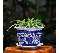 SdaryWare Blue & White Porcelain Planter Pot Hand-Painted Lotus Floral Ceramic Flower Pot with Drainage & Saucer Oriental Style Indoor Outdoor Plant Container for Home Garden Decor,24CM*19CM