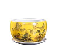SdaryWare Chinese Landscape Ceramic Planter Pot with Drainage & Saucer, Hand-Painted Mountain & River Scenery Flower Pot Yellow Glazed Porcelain Succulent Cactus Container,25 * 14CM