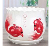 SdaryWare Chinese Lucky Goldfish Ceramic Flower Pot with Drainage & Saucer Hand-Painted Oriental Fish Planter for Indoor Outdoor Plants Wavy Rim Decorative Home Garden Accent Gift,17CM