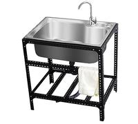 SdaryWare Stainless Steel Free Standing Utility Sink Outdoor Garden Single Trough 1 Compartment Commercial Kitchen Sink with Black Bracket & Drain Pipe for Kitchen Patio,Single Cold Faucet-58 * 43