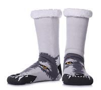 SDBING Mens Slipper Socks with Grippers Winter Warm Cozy Thick Fuzzy Indoor Fluffy Home Socks, Gray Wolf, 6-10