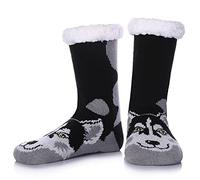 SDBING Mens Super Soft Warm Cozy Fuzzy Fleece-lined Winter With Grips Slipper socks, Siberian Husky, One Size
