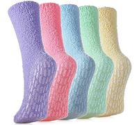 SDBING Non Slip Fuzzy Socks with Grips for Women - Hospital Slipper Socks, 5 Pairs Rainbow, One size