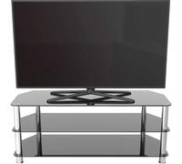 AVF Corner Glass TV Stand - 125cm Wide, Silver Chrome Metal Legs, Gloss Black Safety Shelves, Open Storage for Up to 60" TVs - SDC1250