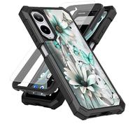 SDDFRHGH Case for Cricket Icon 6 SL219C/AT&T Verge SL219A Phone Case with Screen Protector (Tempered Glass),Slim TPU Rugged Corners Bumper Cover for Men Women-Teal White Flowers