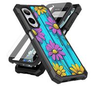 SDDFRHGH Case for Cricket Icon 6 SL219C/AT&T Verge SL219A Phone Case with Screen Protector (Tempered Glass),Slim TPU Rugged Corners Bumper Cover for Men Women-Purple Daisies on Blue Wood