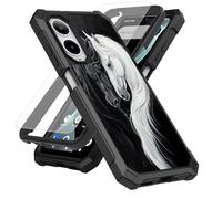SDDFRHGH Case for Cricket Icon 6 SL219C/AT&T Verge SL219A Phone Case with Screen Protector (Tempered Glass),Slim TPU Rugged Corners Bumper Cover for Men Women-Black White Horses