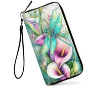 SDDFRHGH Wristlet Wallets for Women,Large Capacity RFID Blocking Leather Zip Around Travel Wallet Phone Purse Clutch Bag w/12 Cards Holder & Zip Inner Pocket, Dragonfly On Calla Lilies Flowers