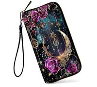 SDDFRHGH Wristlet Wallets for Women,Large Capacity RFID Blocking Leather Zip Around Travel Wallet Phone Purse Clutch Bag w/12 Cards Holder & Zip Inner Pocket, Gothtic Golden Moon Purple Rose
