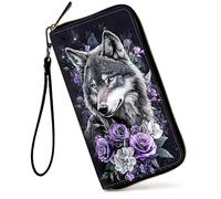 SDDFRHGH Wristlet Wallets for Women,Large Capacity RFID Blocking Leather Zip Around Travel Wallet Phone Purse Clutch Bag w/12 Cards Holder & Zip Inner Pocket, Wolf with Purple Flowers