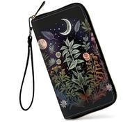 SDDFRHGH Wristlet Wallets for Women,Large Capacity RFID Blocking Leather Zip Around Travel Wallet Phone Purse Clutch Bag w/12 Cards Holder & Zip Inner Pocket, Flowers Plants Moon Night