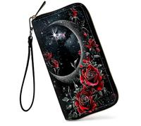 SDDFRHGH Wristlet Wallets for Women,Large Capacity RFID Blocking Leather Zip Around Travel Wallet Phone Purse Clutch Bag w/8 Cards Holder & Zip Inner Pocket, Moon with Red Rose Flower